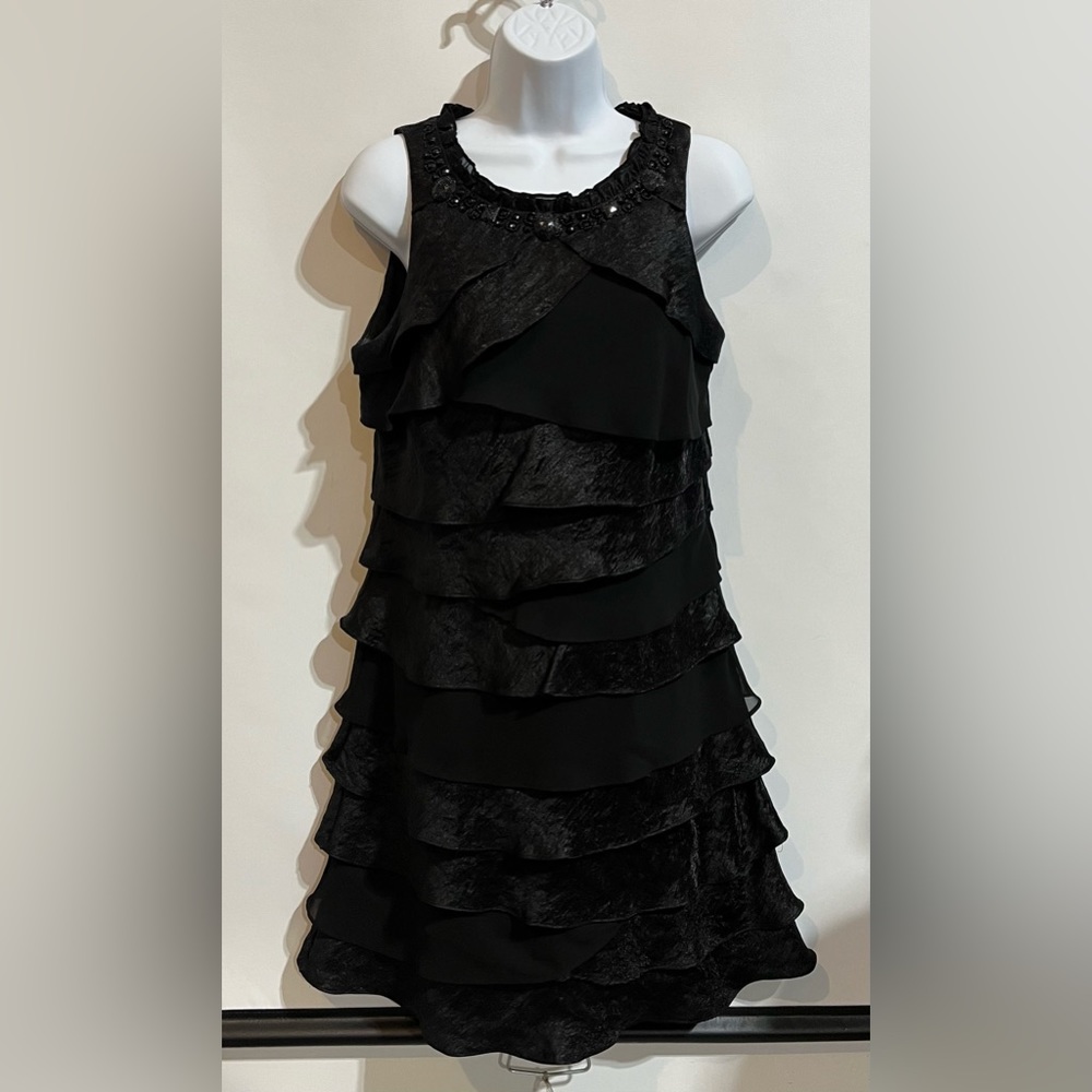 SL Fashions Black‎ Ruffled Layered Mini Dress With Jewel Accents Size 10